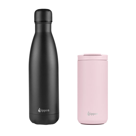 Комплект термо бутилка за вода All Black и термо чаша Pink Blush. 
