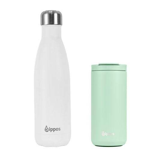 Комплект термо бутилка за вода и термо чаша Mint White.