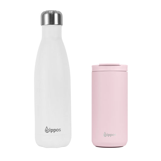 Комплект термо бутилка за вода и термо чаша Pink & White.