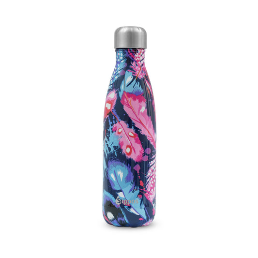 Термо бутилка Feather. Бутилката е с дизайн на розови и синьо-лилави пера.